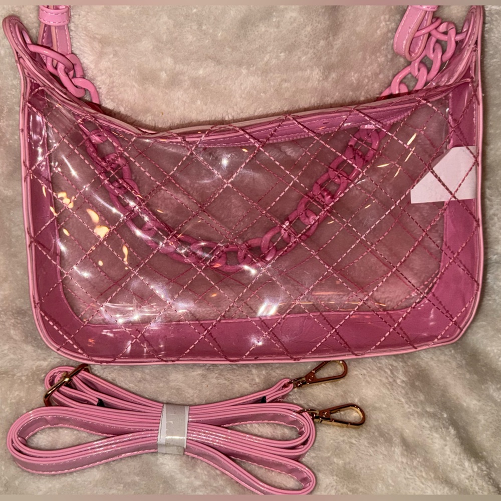 Steve Madden Clear Bubble Gum Pink Quilted Shoulder Crossbody Bag Matching Chain - Picture 4 of 16